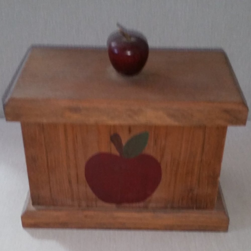 Handcrafted wooden hinged folk art recipe box with apple on top